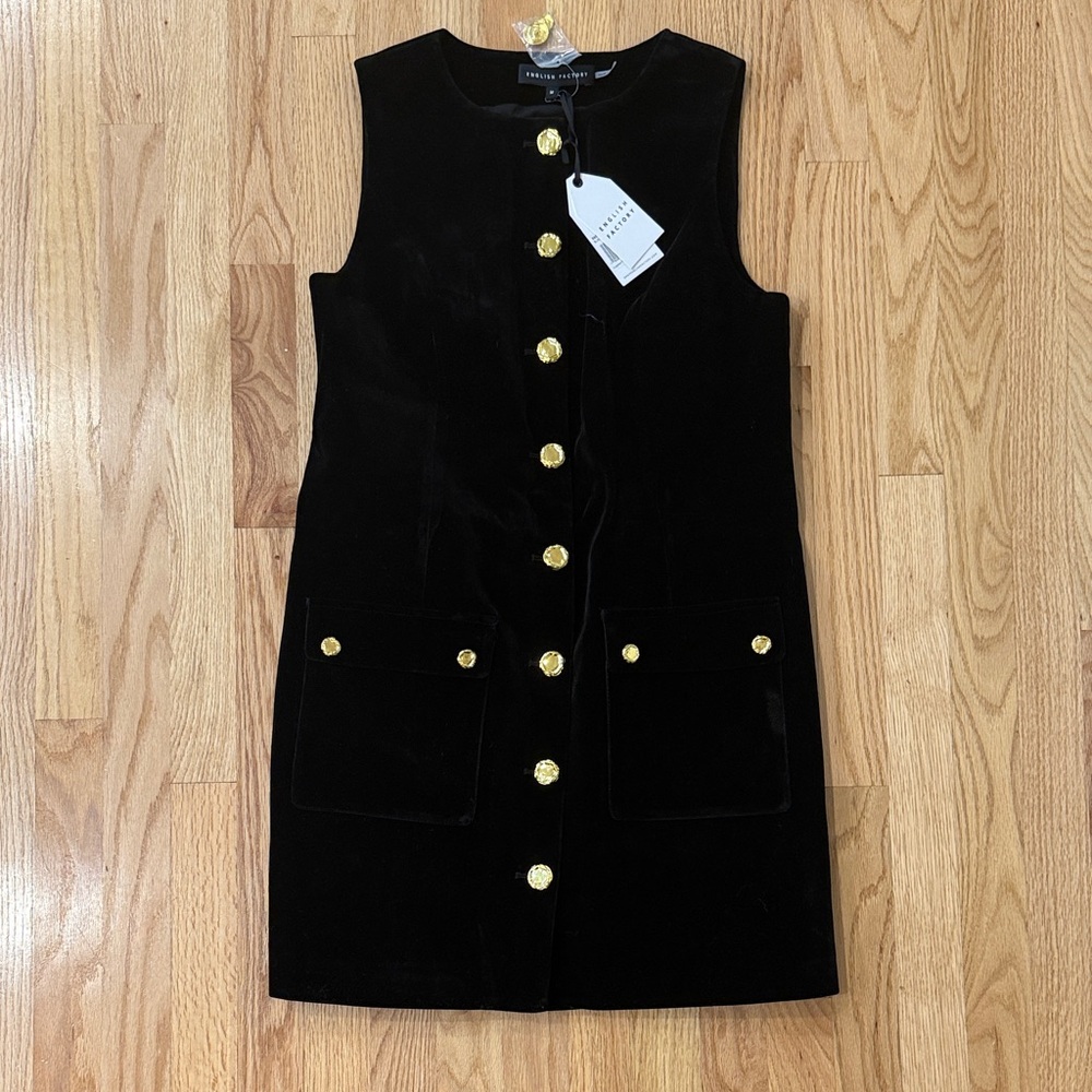 English Factory Black Velvet Dress with Gold Buttons
